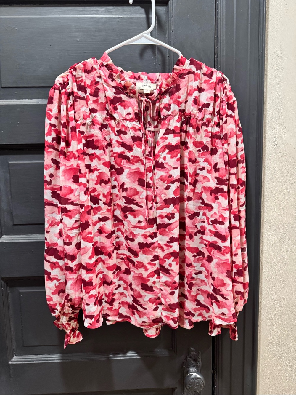Blu Pepper Pink Camo Tie-Neck Blouse